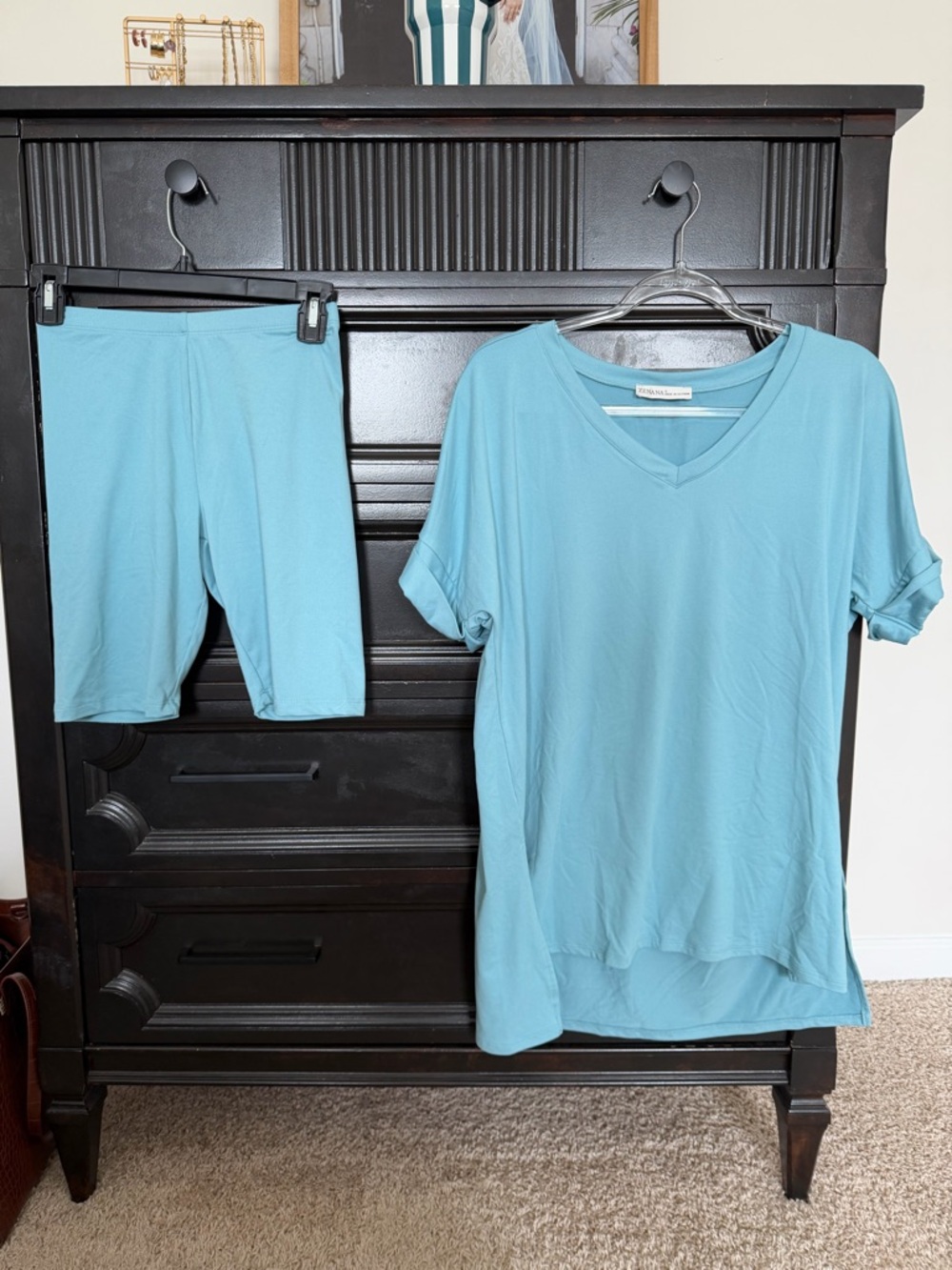 Light Blue V-Neck Tunic Top with Matching Bike Shorts - Women